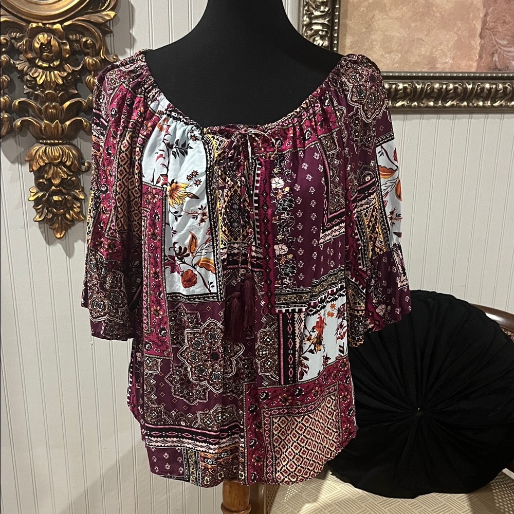 Bohemian Patchwork Blouse - Burgundy and Blue